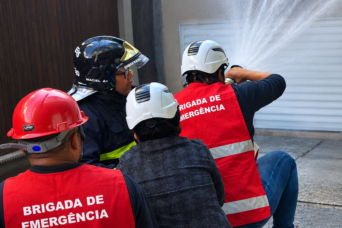 Brigadistas com capacetes e coletes de brigada de emergência durante treinamento prático de combate a incêndio com mangueira