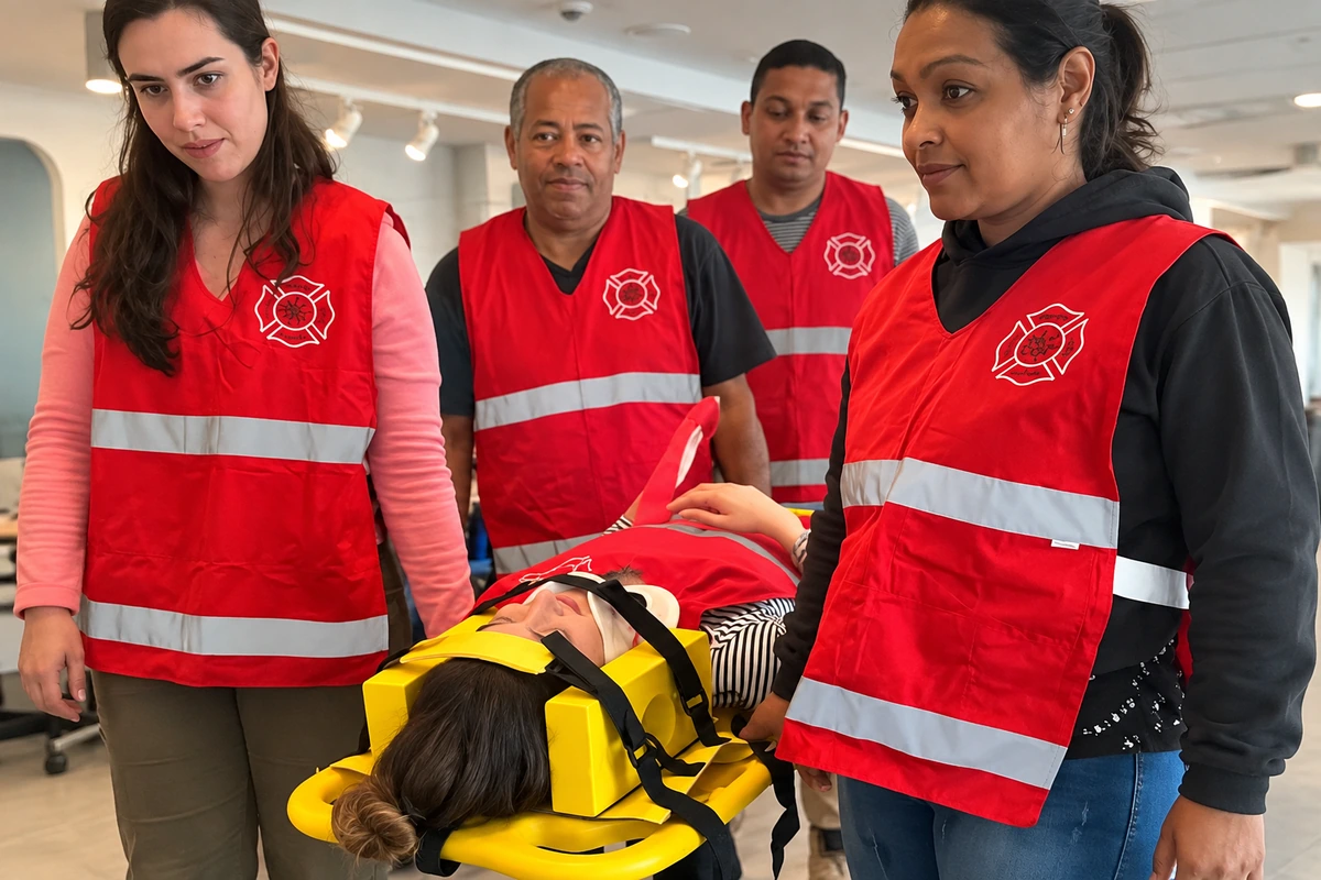 Equipe de brigadistas praticando imobilização de vítima em prancha durante simulação de primeiros socorros