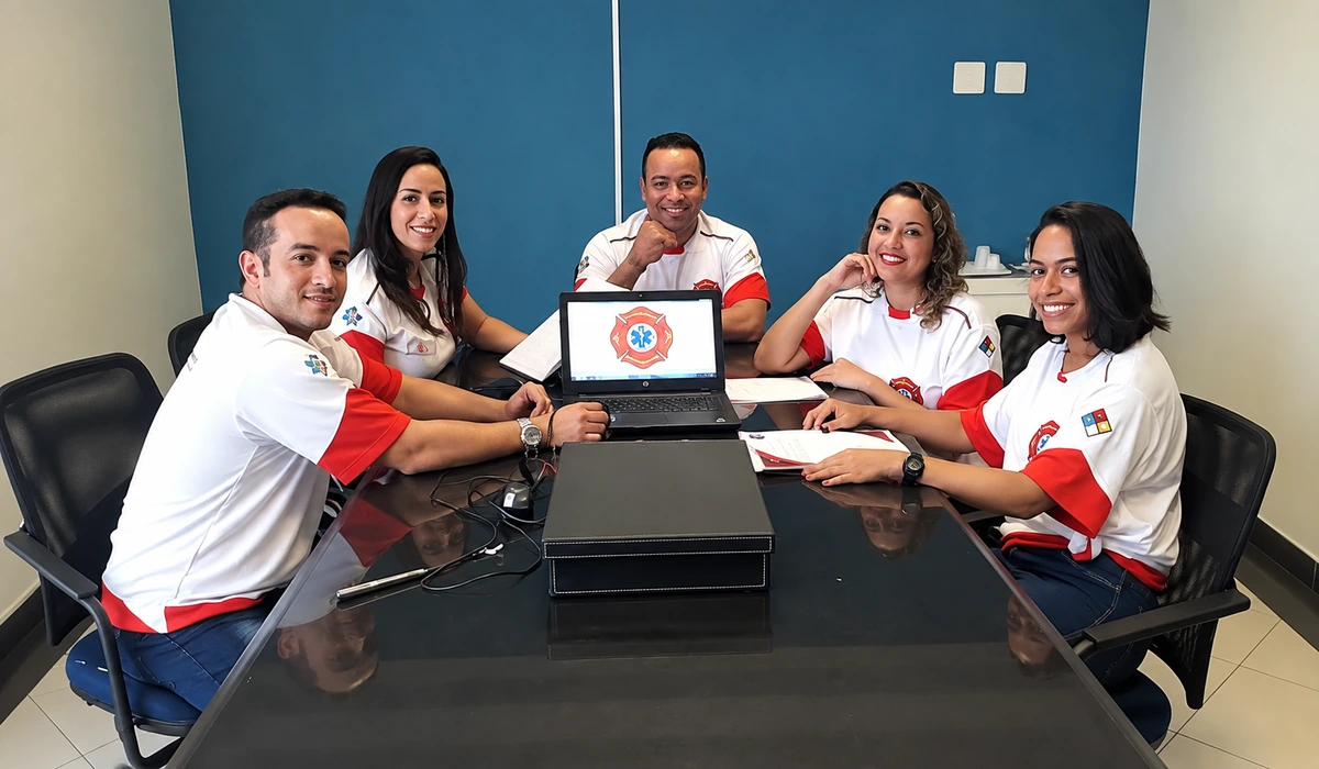 Equipe do Grupo MT Soluções reunida em sala de reunião com notebook exibindo o logo da empresa